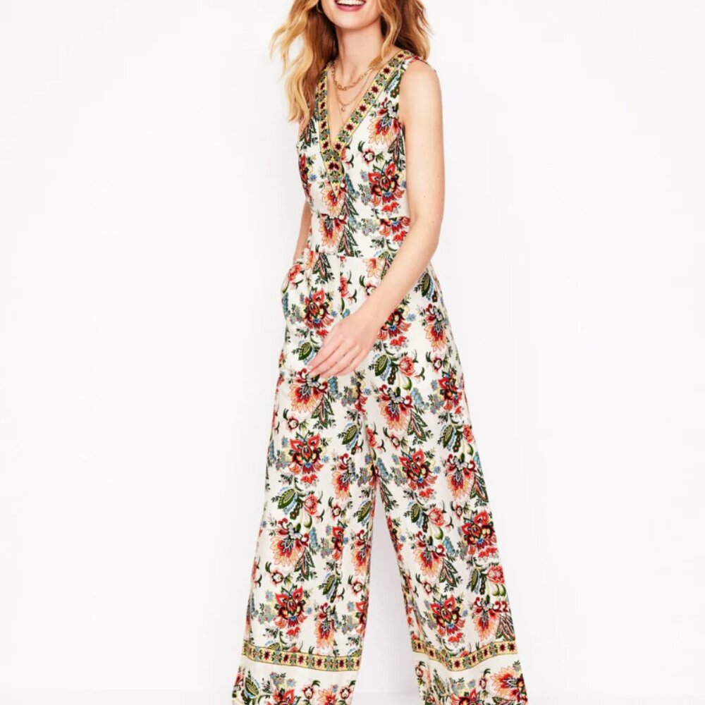 Boden V-Neck Linen Jumpsuit -Ivory, Botanica Terrace, 8P